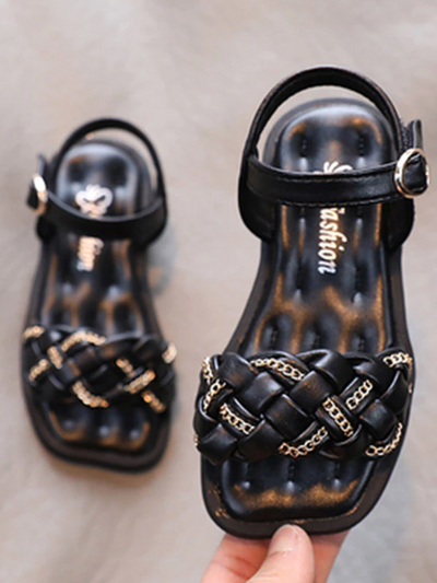 Girls Woven sandals Velcro closure with chain details- black