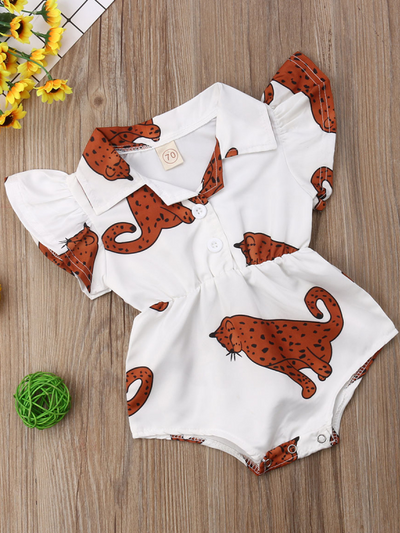 Baby white onesie with leopards printed has ruffled short sleeves and a cute collar. Front button and elastic waist. 