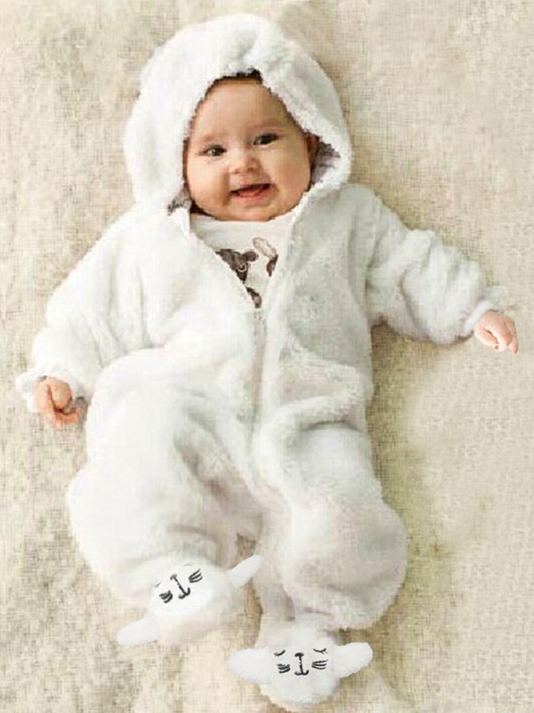 Baby Winter Fluff Flannel Hooded Jumpsuit with Footies