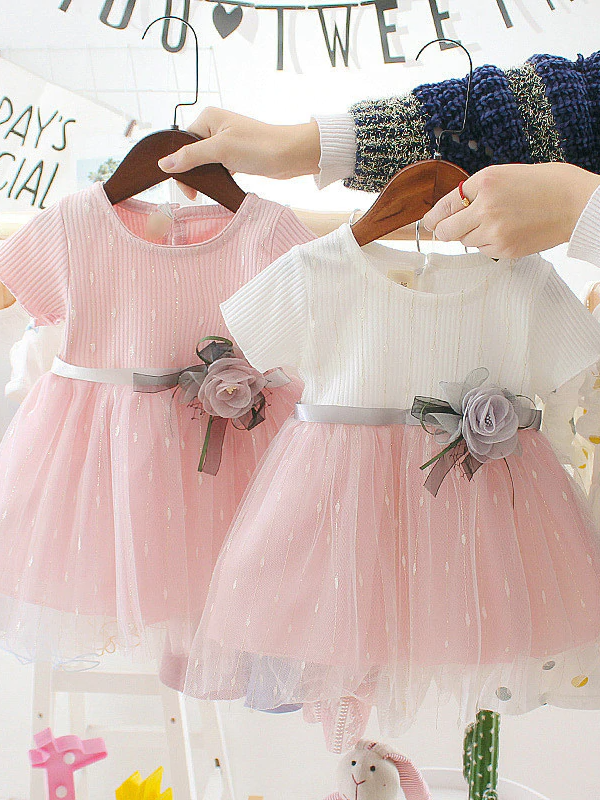 Baby Spring dress has a tulle overlay and a satin belt with a flower applique Pink-White