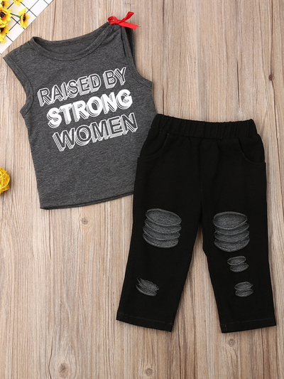 Girls Raised by Strong Women Top and Distressed Jeans Set