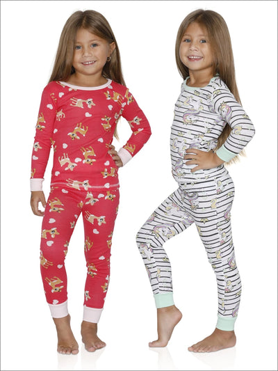 Cozy Couture Girls Rainbow Unicorns and Reindeer with Hearts Cotton Pajamas