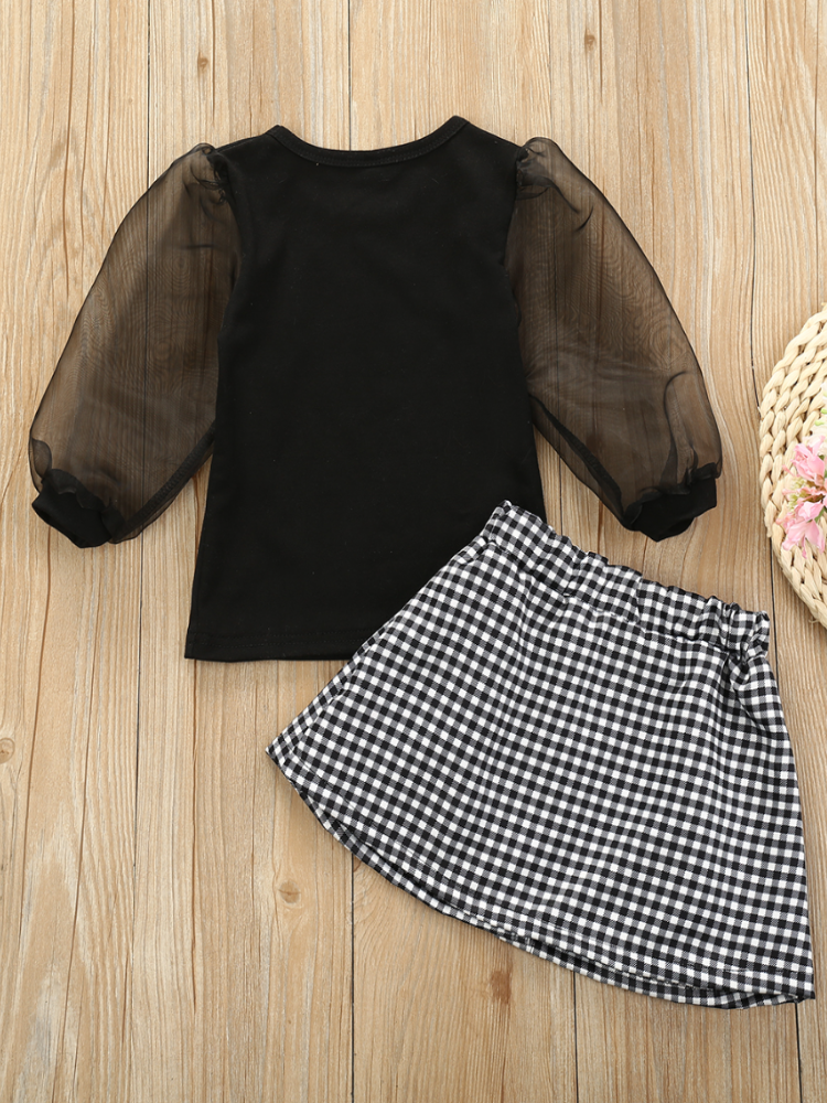 Girls A Little Chic Never Hurts Top with Tulle Sleeves and Plaid Skirt Set