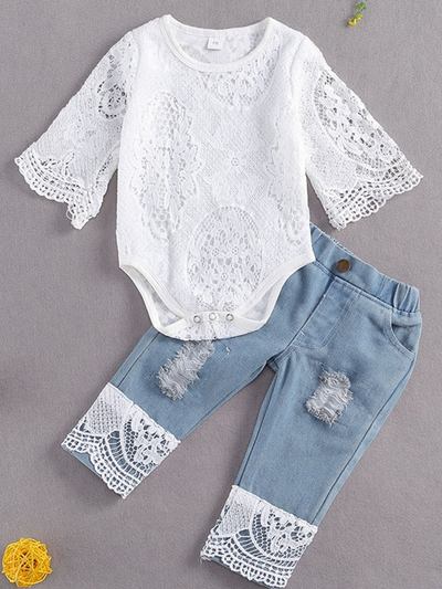 Baby set features a kimono lace onesie with distressed jeans with lacey hem