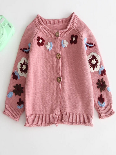 Baby Embroidered Angel Floral Knit Half-Button Cardigan - Pink
