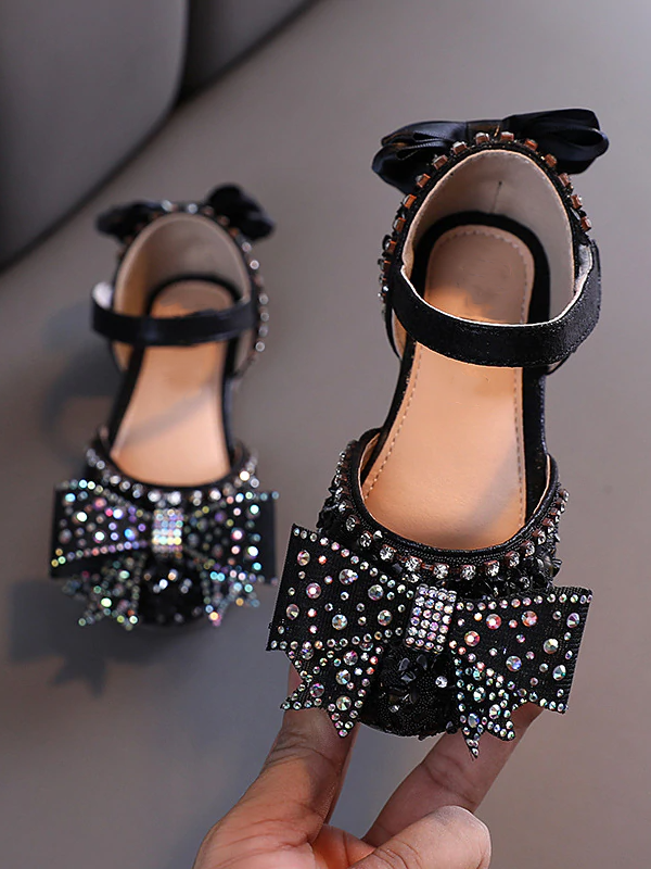 Shoes By Liv & Mia | Girls Rhinestone Bow Velcro Strap Princess Flats