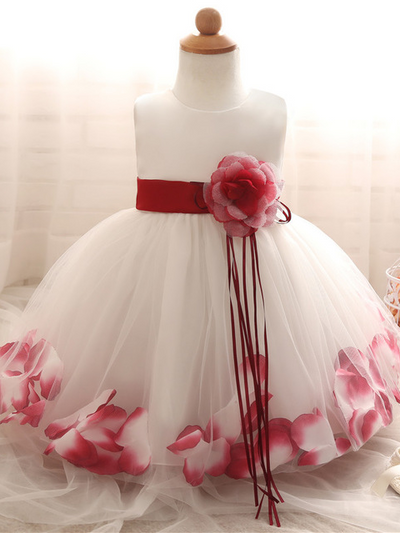 Baby Dress with Flower pedal hem and belt with flower applique burgundy