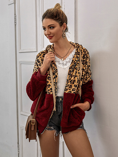 Women's Lady Leopard Print Plush Full-Zip Hooded Sweater Burgundy