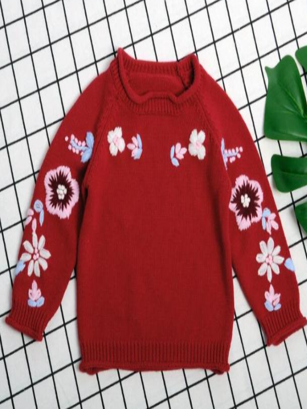 Baby Embroidered Angel Floral Long Sleeve Sweater - Red