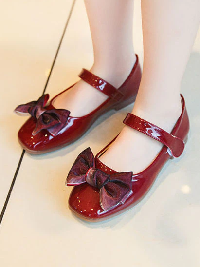 Girls Big Satin Bow Vegan Patent Leather Mary Jane Flats By Liv and Mia - Burgundy 
