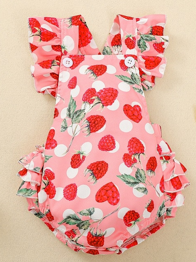 Baby pink onesie with strawberry print and a ruffled bum. Cute little ruffles on shoulder and buttons for easy slip on