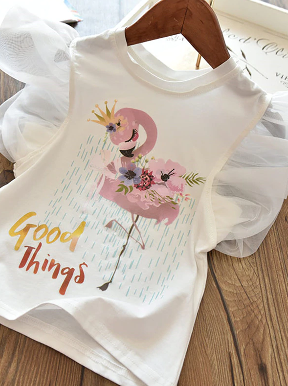 Toddler Casual Spring Tops | Girls Sequin Design Tulle Sleeve Tee
