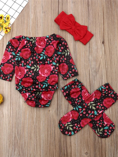 Baby long-sleeved set with floral print with matching socks and a headband