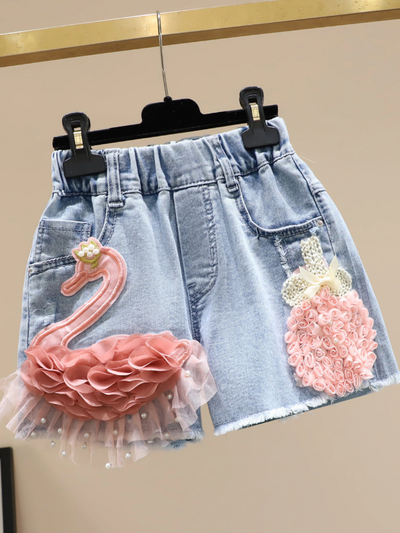 Kids Denim Clothes | Pink Tulle Swan Denim Shorts | Mia Belle Girls