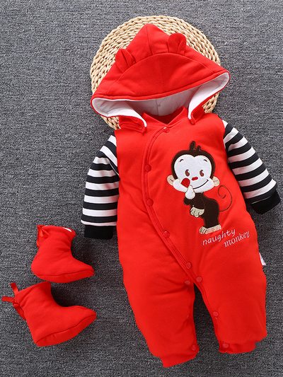 Baby Winter Naughty Monkey Striped Sleeve Romper with Booties