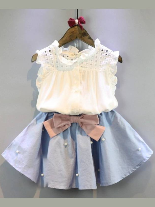 Cute Outfits For Girls | Eyelet Blouse & Pearl Pleated Skirt Set