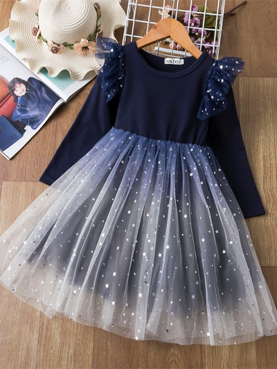 Girls Sparkle Dresses | Sequin Star Gradient Tulle Holiday Party Dress