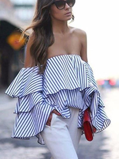 Women's Striped Ruffled Sleeve Open Shoulder Blouse