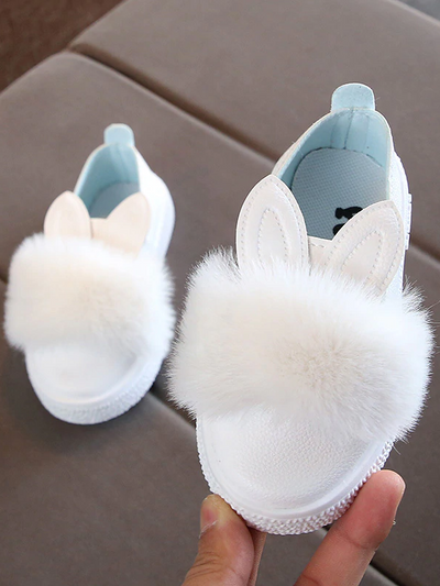 Girls Bunny Ear Faux Fur Slip-On Loafers By Liv and Mia - White