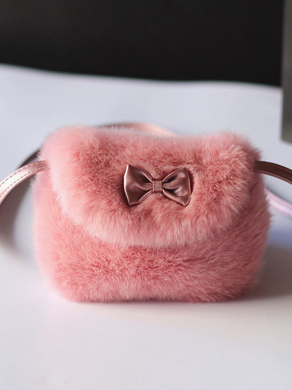 Girls Faux Fur Bow Crossbody Handbag, Pink