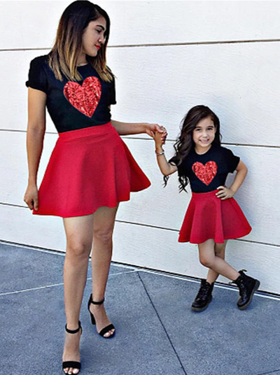 Mommy and Me Matching Outfits | Big Red Sequin Heart Top & Skirt Set