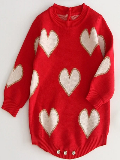 Baby Little Girl, Big Heart Long Sleeve Onesie Sweater - Red