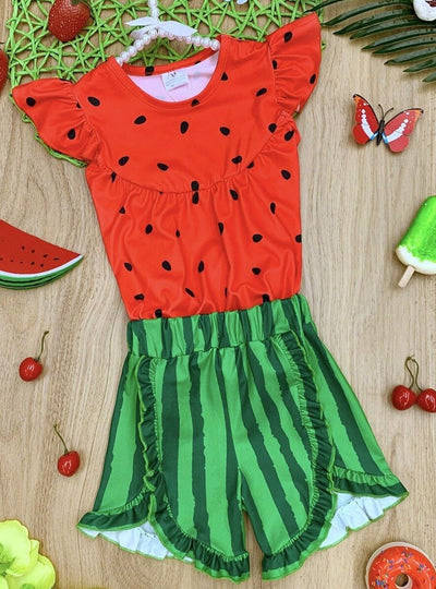 girls red watermelon top with ruffled short sleeves and watermelon shorts Spring 2T-10Y