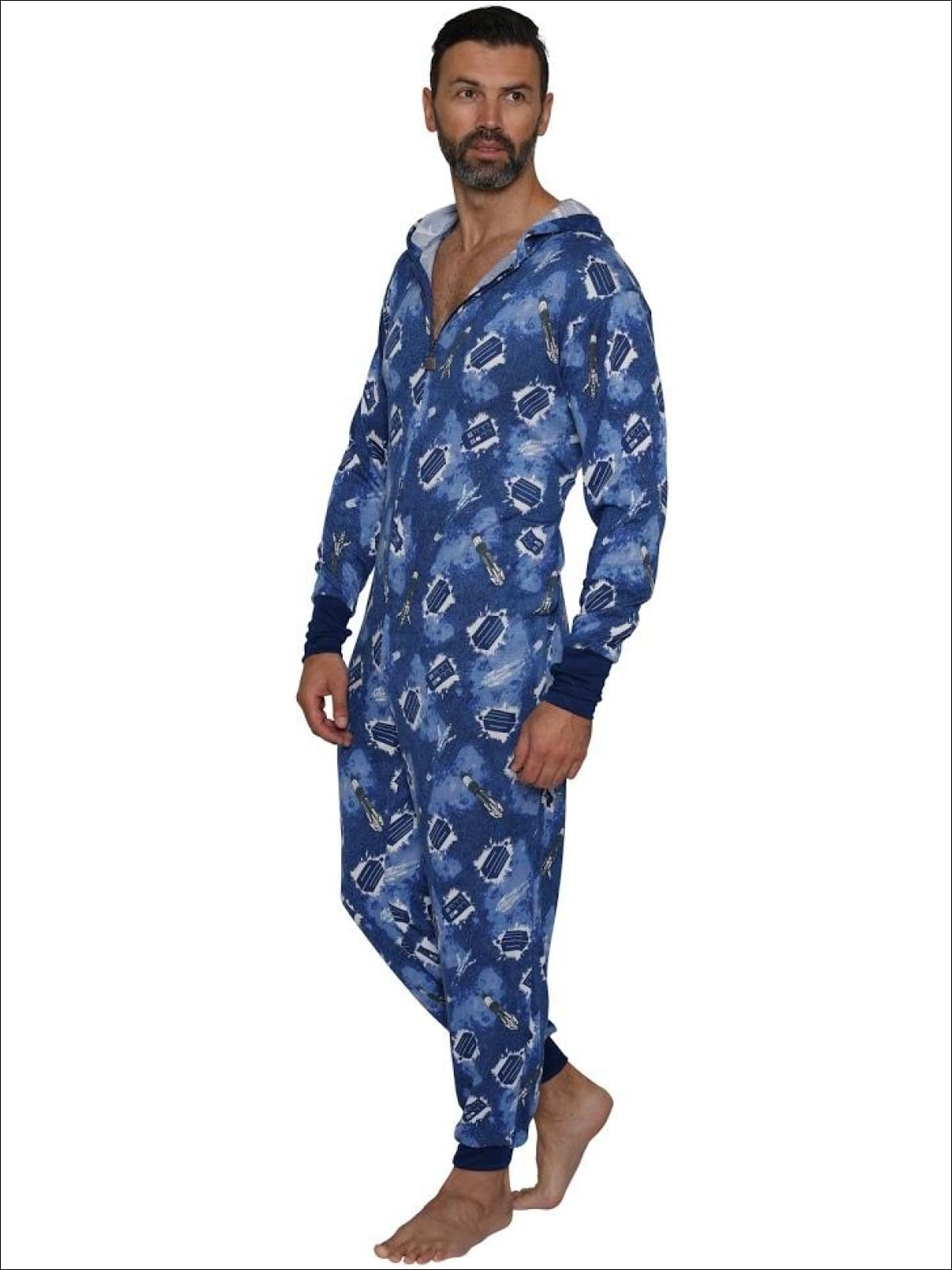 Doctor Who Hooded Galaxy Sonic Screwdriver Lounger Union Suit Onesie Pajama - S/M / Blue