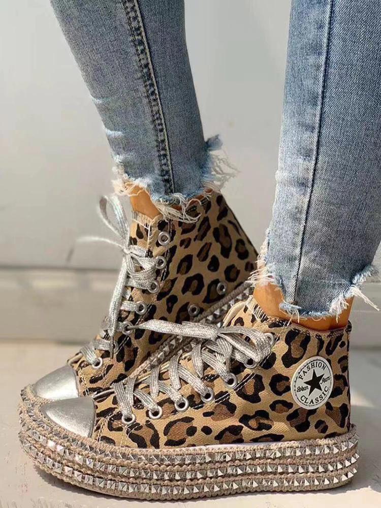 Women's Studded High Top Canvas Sneakers By Liv and Mia - Mia Belle Girls - Leopard