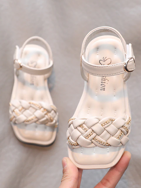 Girls Woven sandals Velcro closure with chain details- white