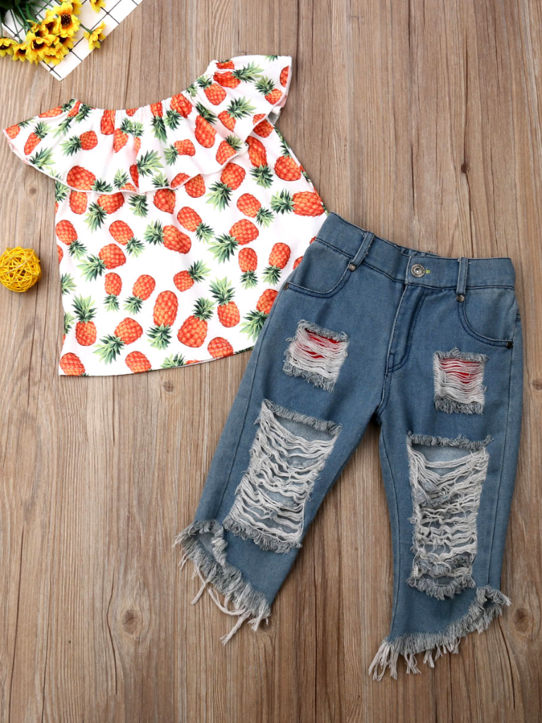 Girls Spring Outfits | Pineapple Print Top & Distressed Jeans Set