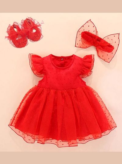 Baby Spring swiss tulle dress was little ruffles on the shoulder and a built-in romper with snap closure at the bottom. Comes with a matching bow headband and shoes red