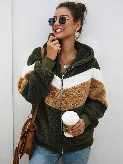 Women's Plush Tri-Color Full-Zip Hooded Sweater Green