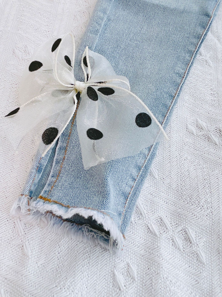 Toddler Clothing Sale | Polka Dot Bow Frayed Jeans  | Mia Belle Girls