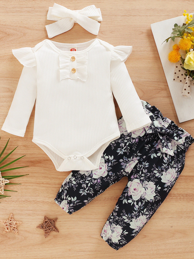 Baby Fall Floral Fantasy Ribbed Long Sleeve Onesie and Legging Set White