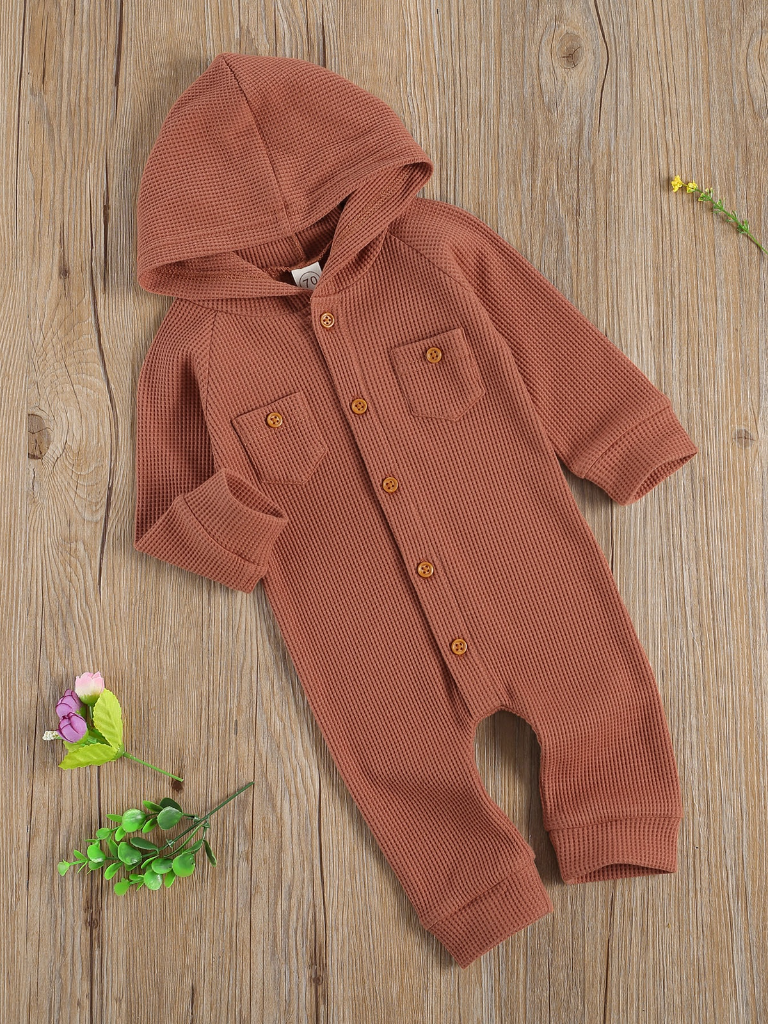 Baby Stretchy Long Sleeve Waffle Weave Hooded Onesie Dusty Pink