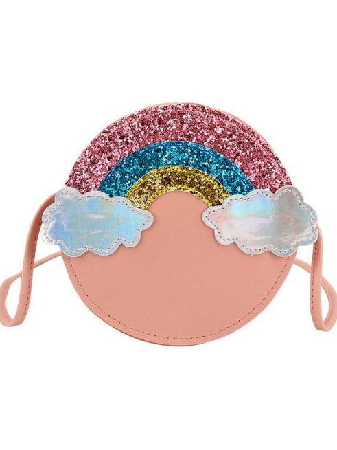 Girls Glitter Rainbow and Cloud Round Crossbody Handbag pink