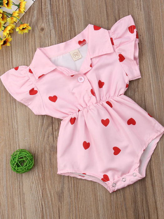 Baby onesie with ruffled short sleeves and a cute collar. Front button and elastic waist. Pink with red hearts