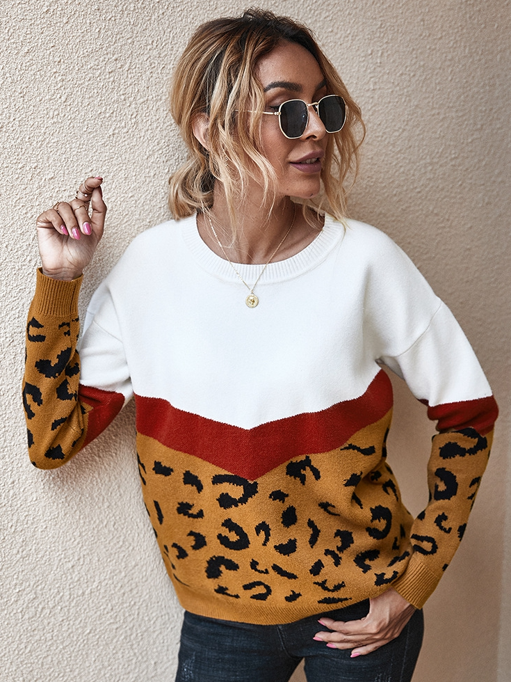 Women's Boho Chic Geometric Leopard Print Pullover Sweater Brown