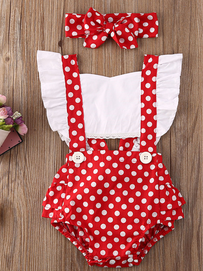 Baby overall style onesie with ruffles on the bum that ties in the back and a matching headband Red