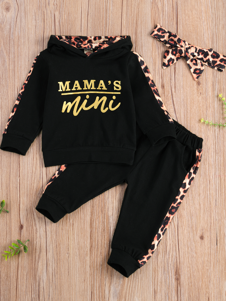 Baby 'Mama's Mini' Hooded Leopard Lined Sweatshirt and Pants Set Black