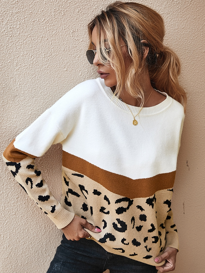 Women's Boho Chic Geometric Leopard Print Pullover Sweater Beige
