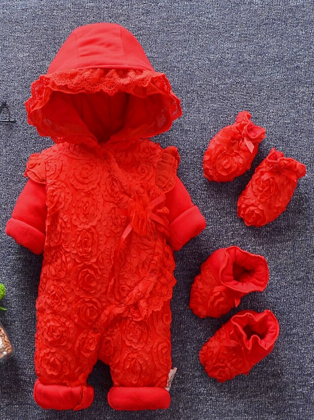 Baby Coming Up Roses Lace and Ruffle Hooded Jumpsuit with Booties - Red