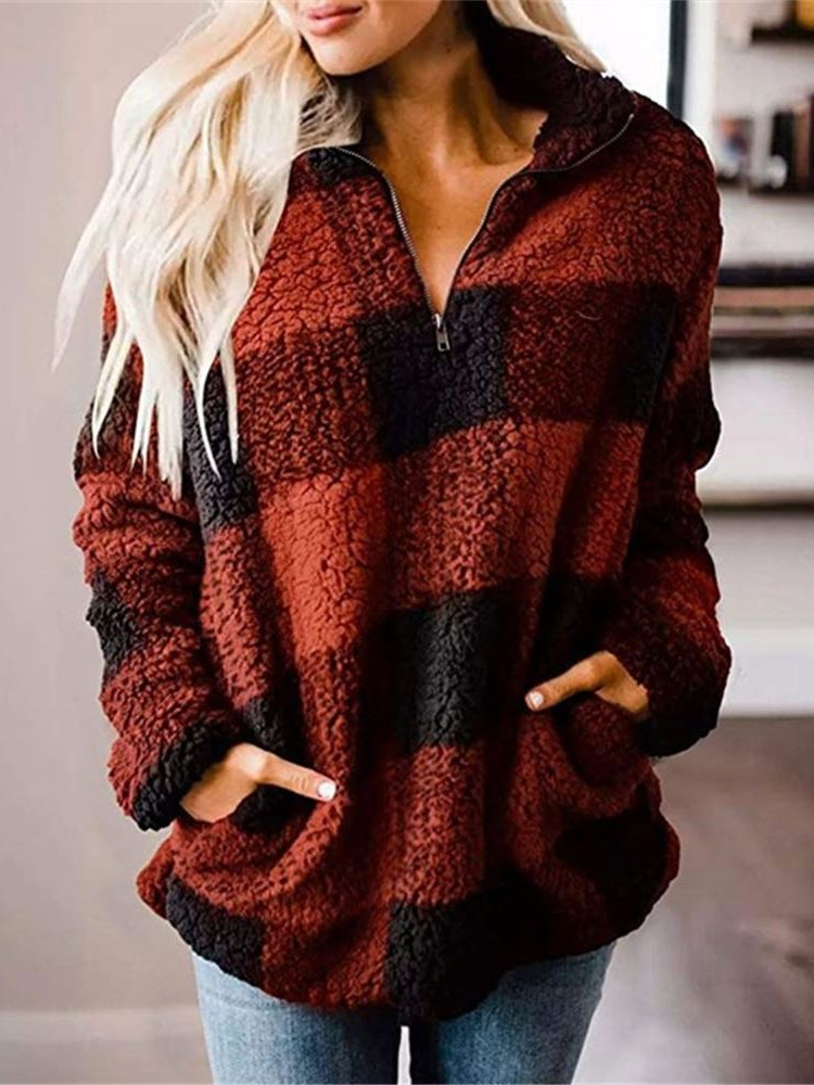 Women's 'Plush Plaid Please' Quarter-Zip Pullover Sweater Burgundy