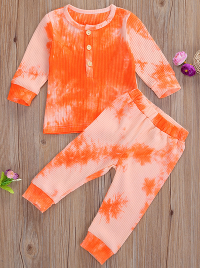 Baby Tie-Die Toddler Ribbed Long Sleeve Shirt and Legging Set Orange