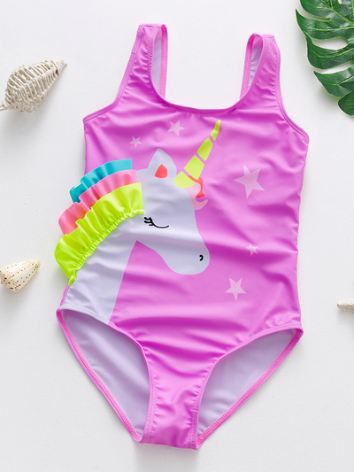 Kids One Piece Swimwear | Little Girls Purple Unicorn Ruffle Swimsuit
