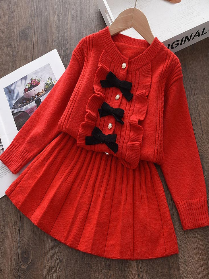 Cute Winter Sets | Girls Red Cable Knit Ruffle Cardigan & Skirt Set