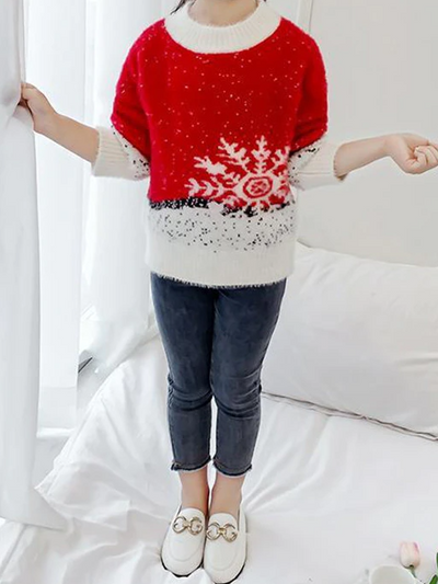 Girls Comfy And Cozy Fuzzy Snowflake Sweater - Red
