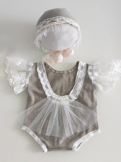 Baby set features a onesie with tulle train and little tulle ruffled sleeves and matching cap grey