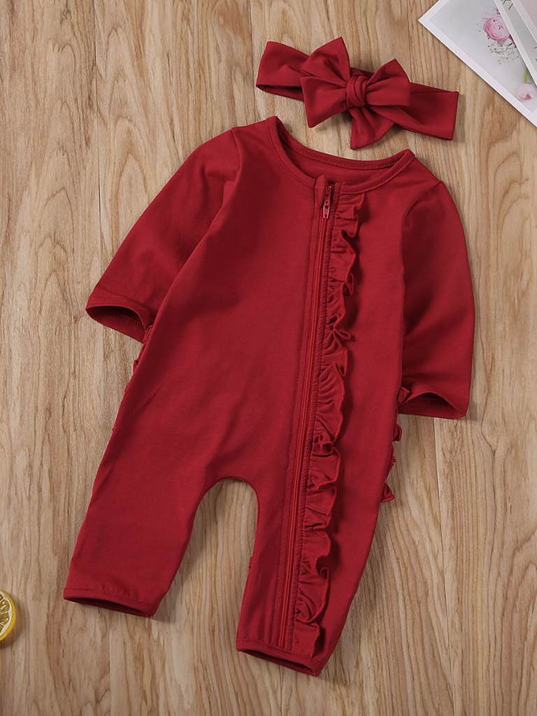 Baby Reay To Play Ruffle Jumpsuit Romper Onesie With Bow Headband Burgundy